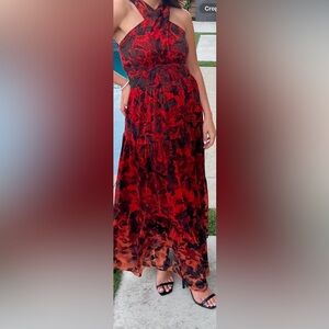 DR2 Vibrant Red and Black Floral Dress